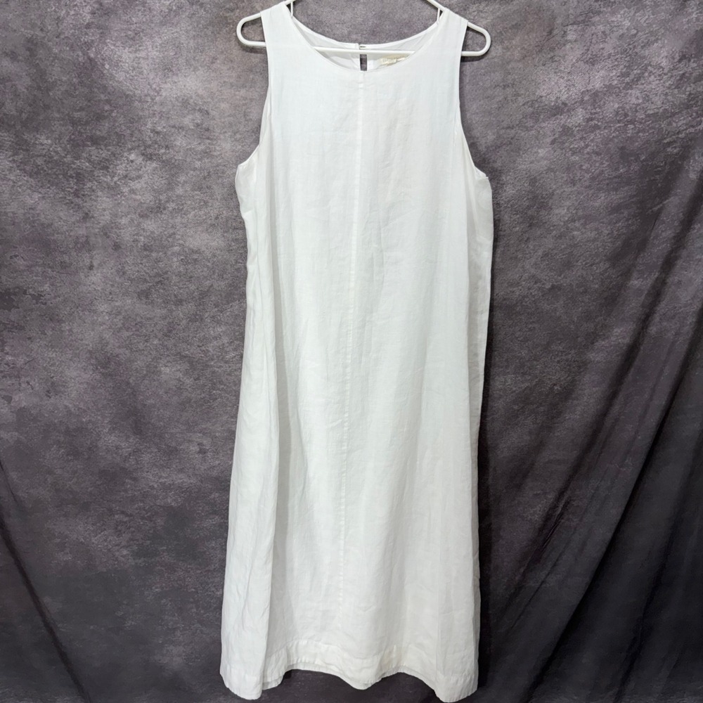 Eileen Fisher !00% Organic Linen Sleeveless Maxi Shift Dress Sz L Cream Coastal